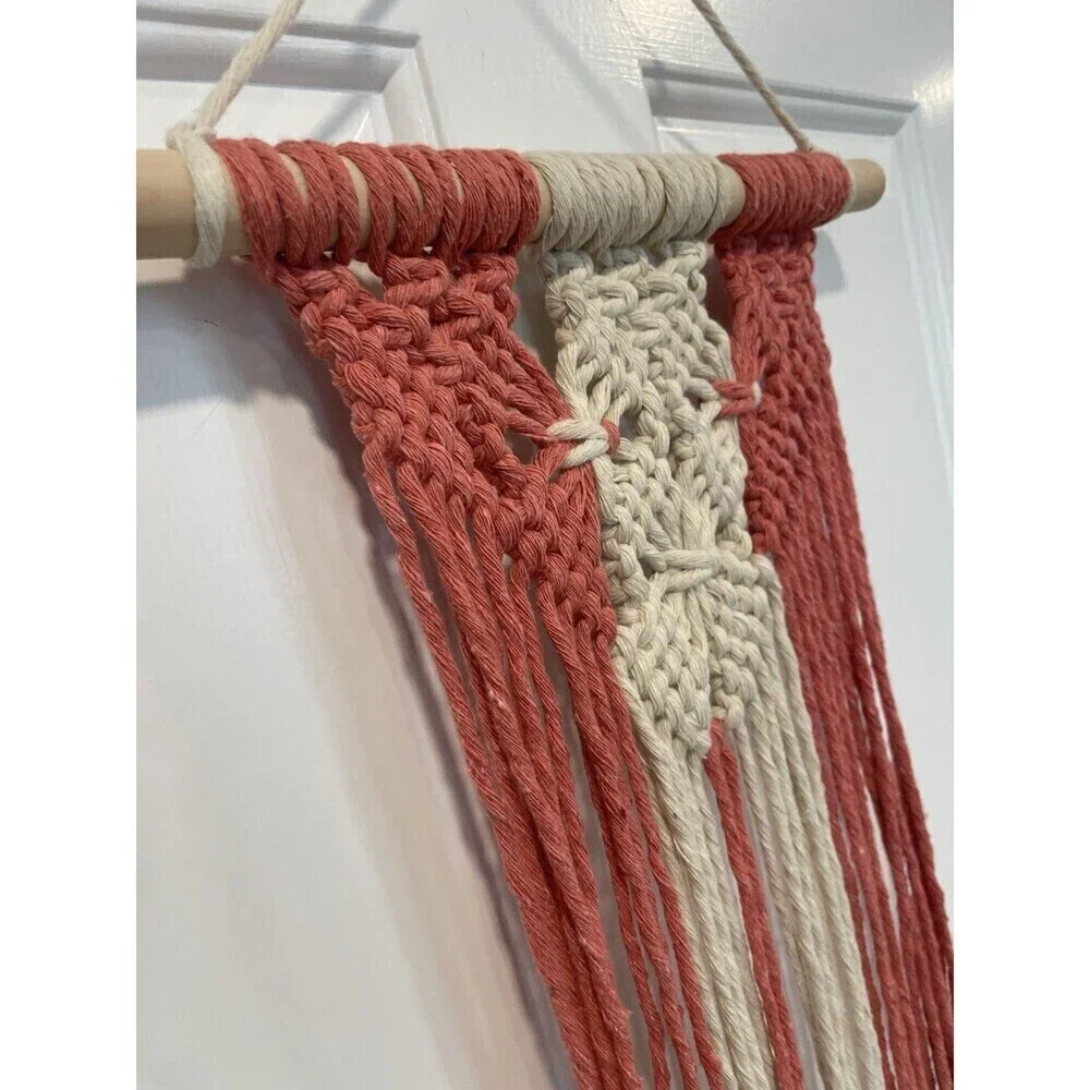 Macrame Wall Hanging Boho Pink Tassel Wall Art Tapestry for Bedroom Living Room